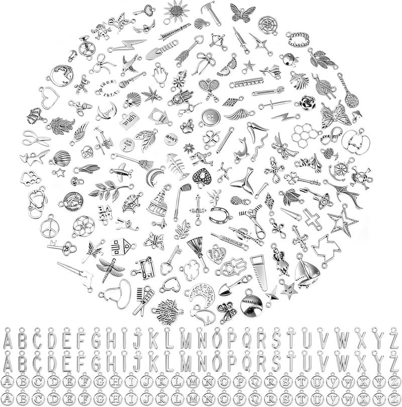 Modacraft 254 Pcs Silver Charms for Jewelry Making with Alphabet Letters, Wholesale Bulk Tibetan Silver Charm Pendants for Bracelet Necklace DIY Crafting - Image 1